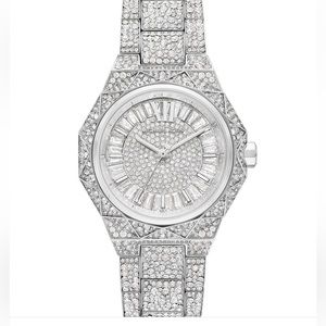 Michael Kors Raquel Three-Hand Silver-Tone Stainless Steel Pave Bracelet Watch